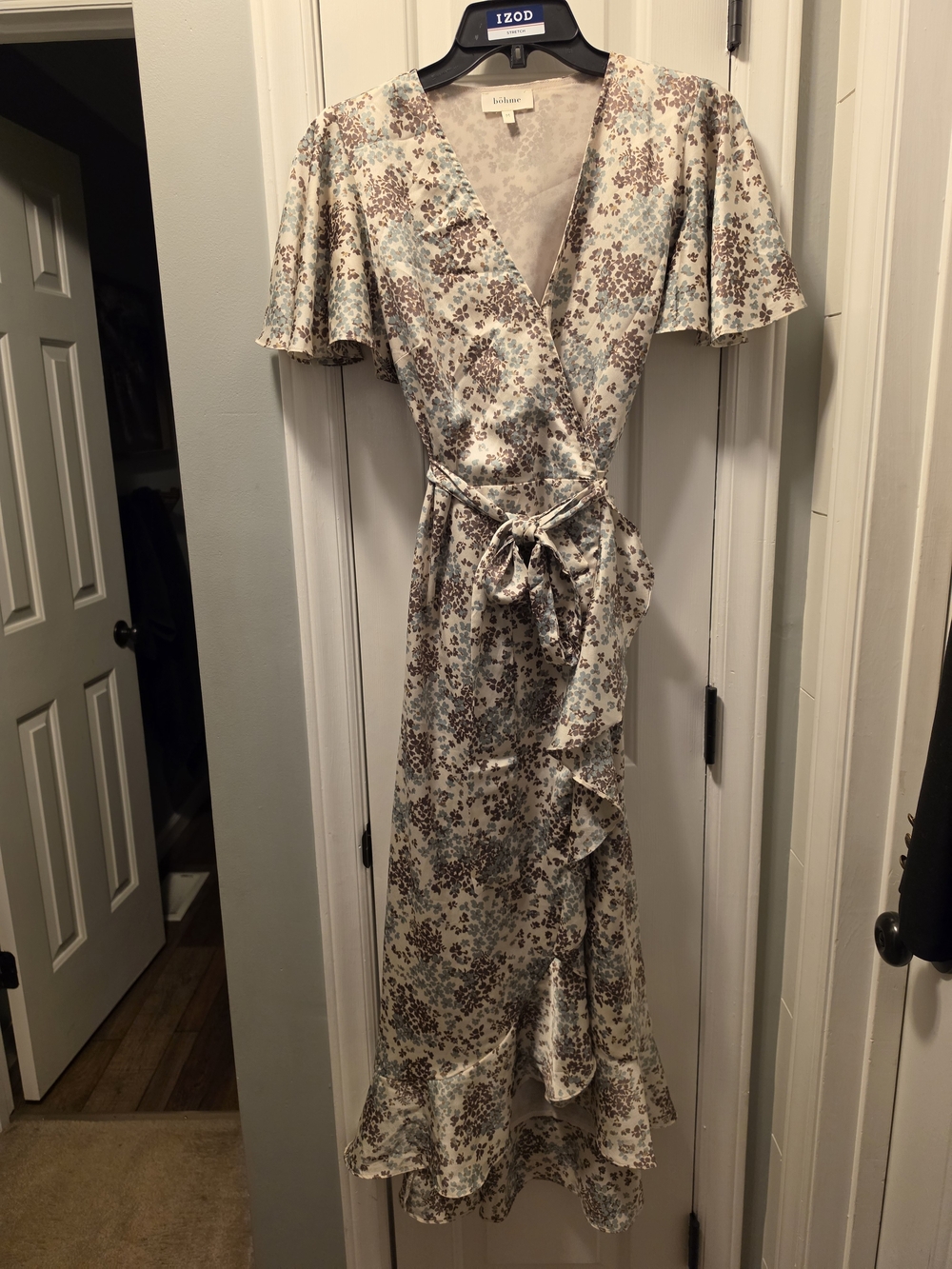 Bohme Floral Wrap Maxi Dress in Cream with Brown and Light Blue Accents